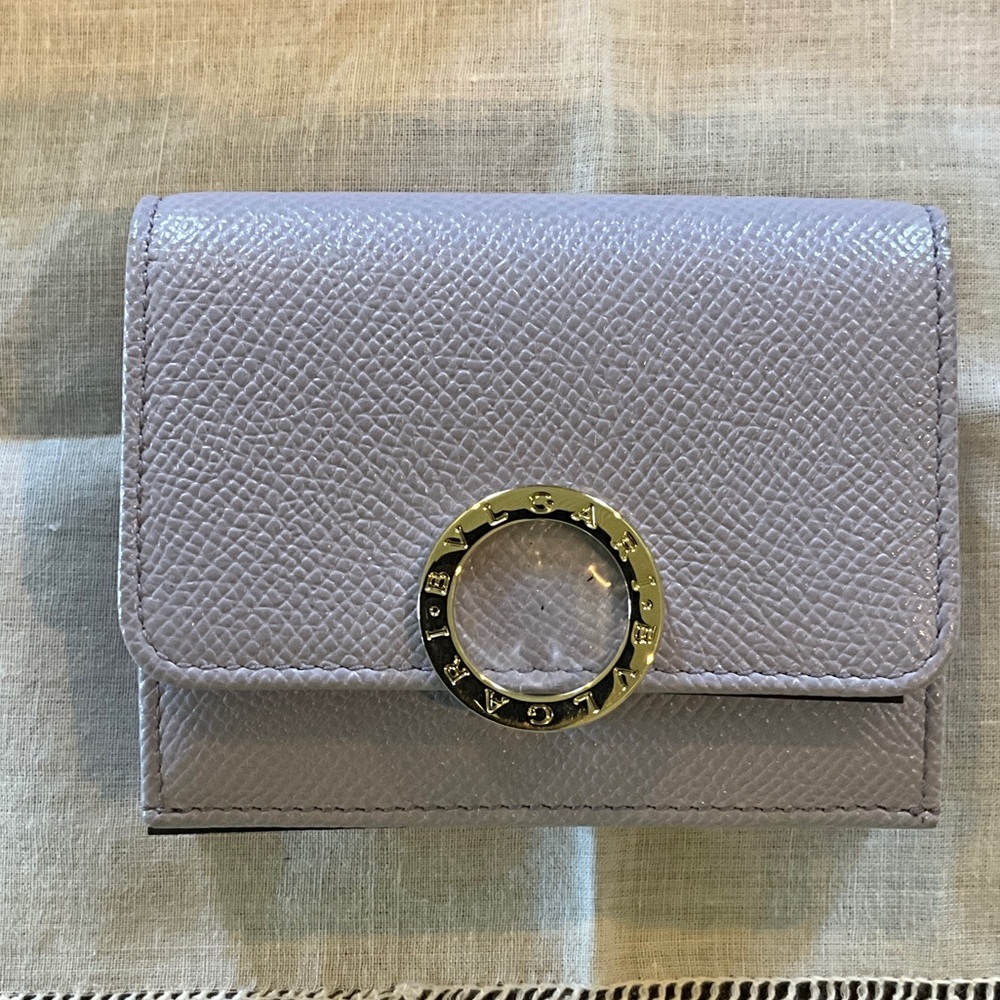 Bulgari Lilac Leather Compact Wallet with Gold Logo Ring